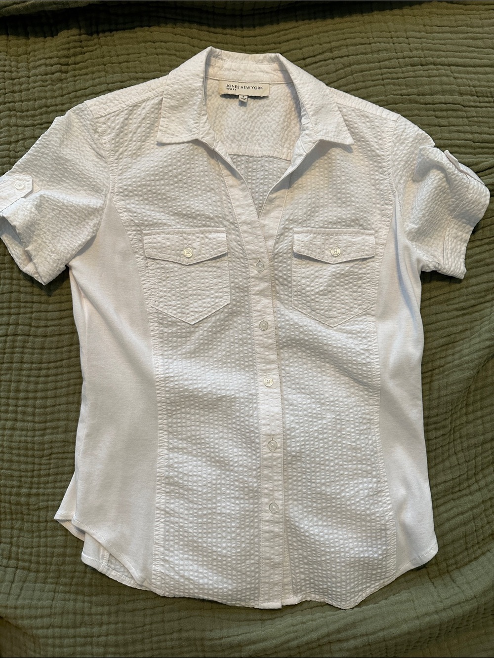 Jones New York White Short-Sleeve Textured Button-Down Shirt